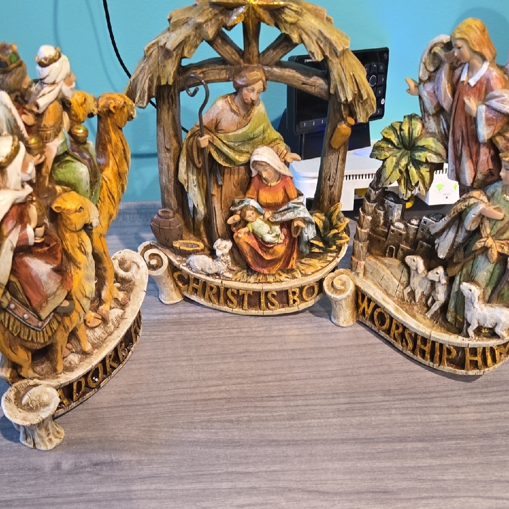 Vintage Three Piece Nativity Set Christmas Decor Religious Angels Kings Christ